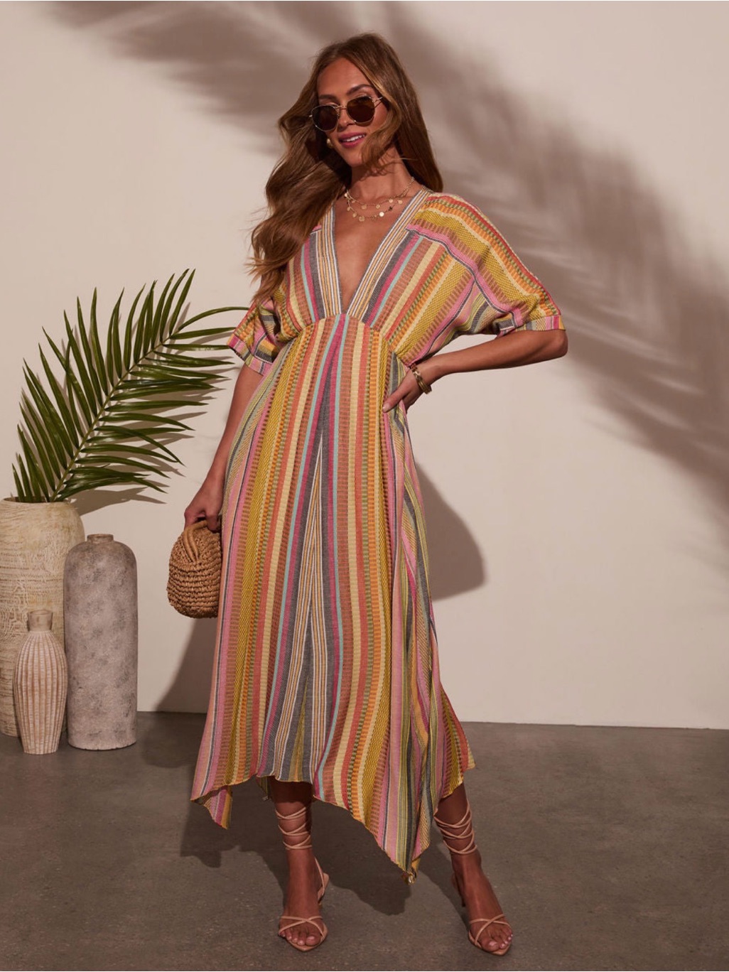 Vici Striped V-Neck Midi Dress In Pastel Yellow, Pink, Blue